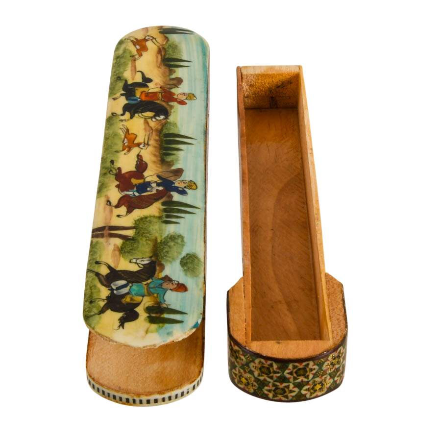 Khatam Marquetry Qalamdan Pen Box with Hand-Painted Equestrian Miniature-5