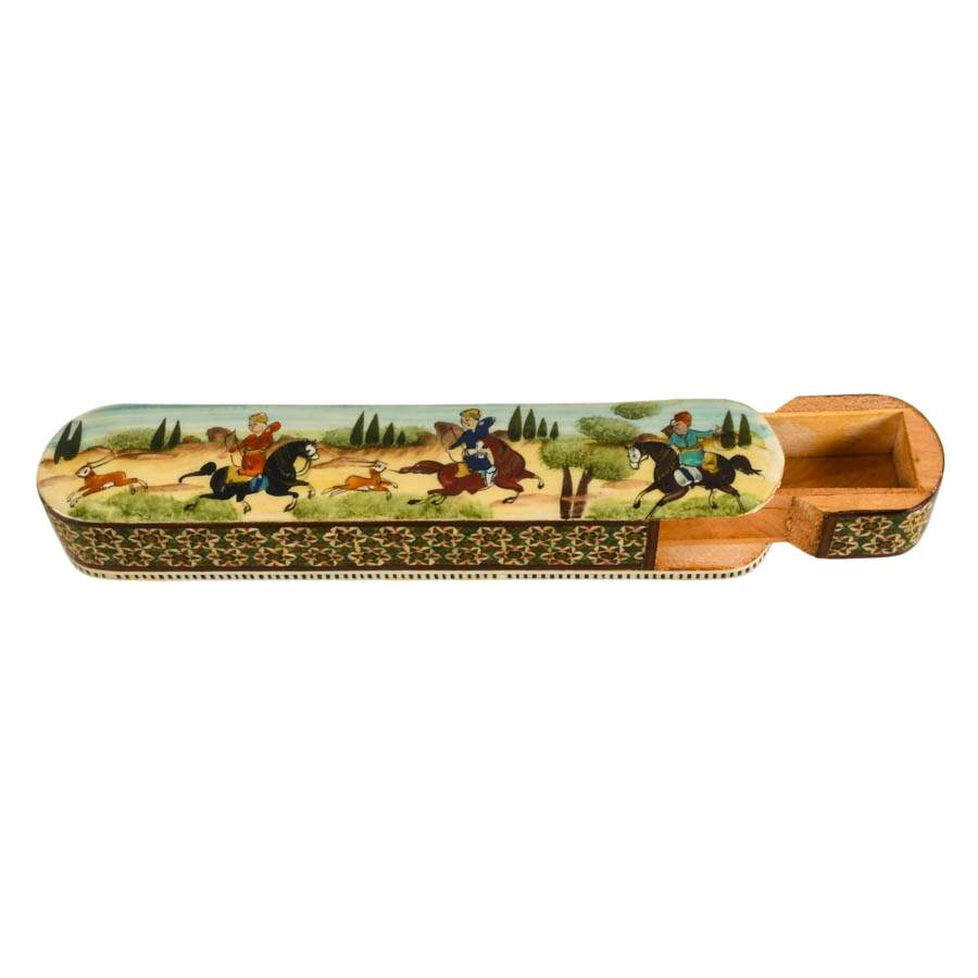 Khatam Marquetry Qalamdan Pen Box with Hand-Painted Equestrian Miniature-4
