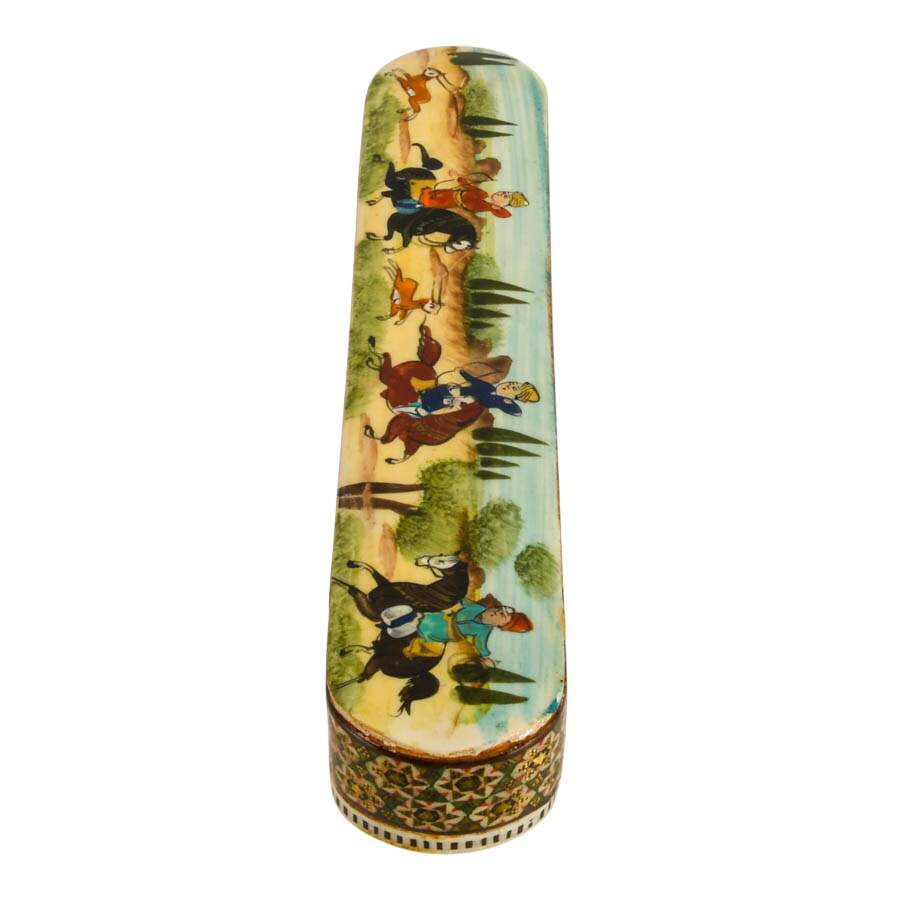 Khatam Marquetry Qalamdan Pen Box with Hand-Painted Equestrian Miniature-3