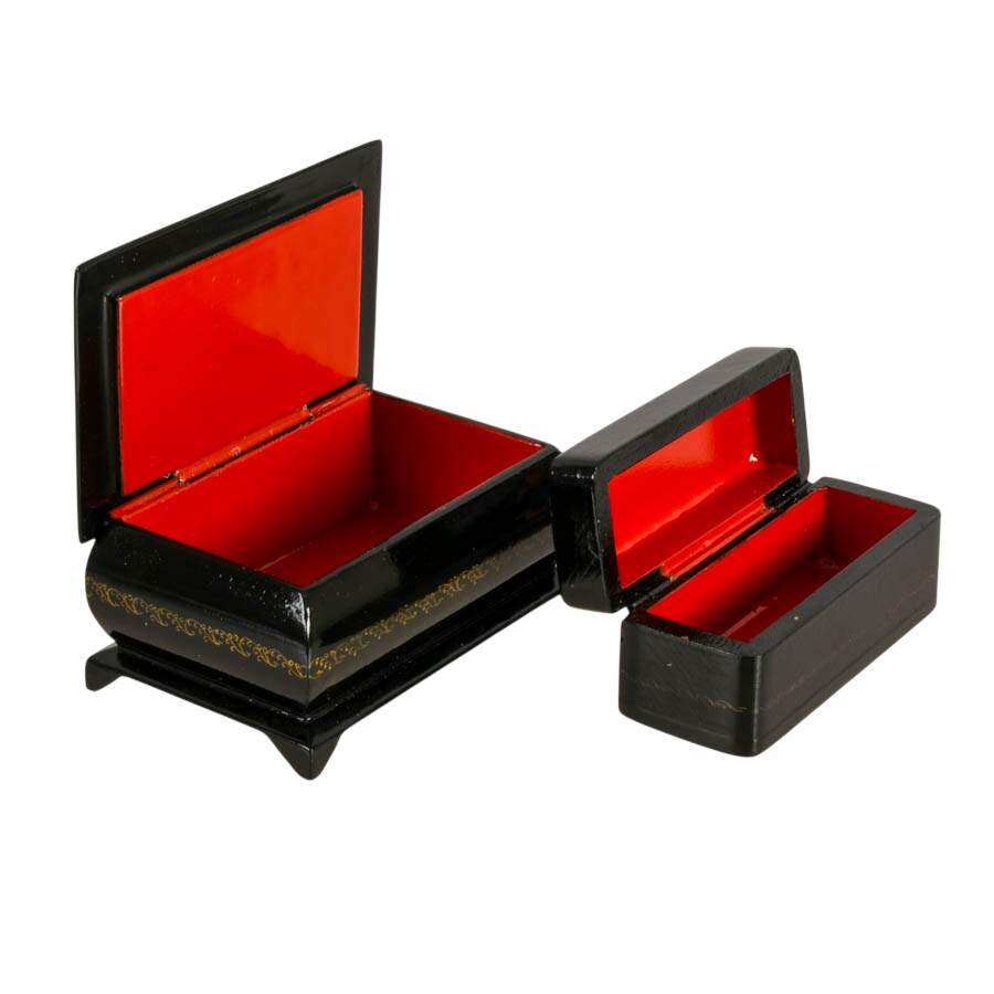Pair of Russian Palekh School Troika Sled Lacquer Boxes-7