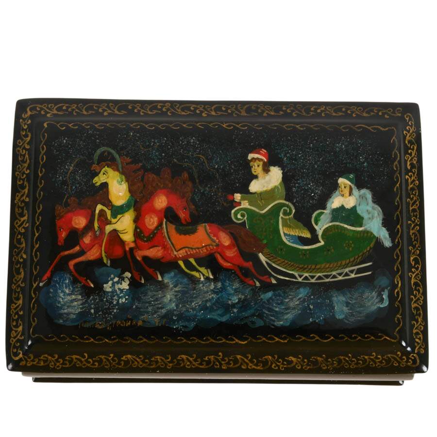 Pair of Russian Palekh School Troika Sled Lacquer Boxes-4