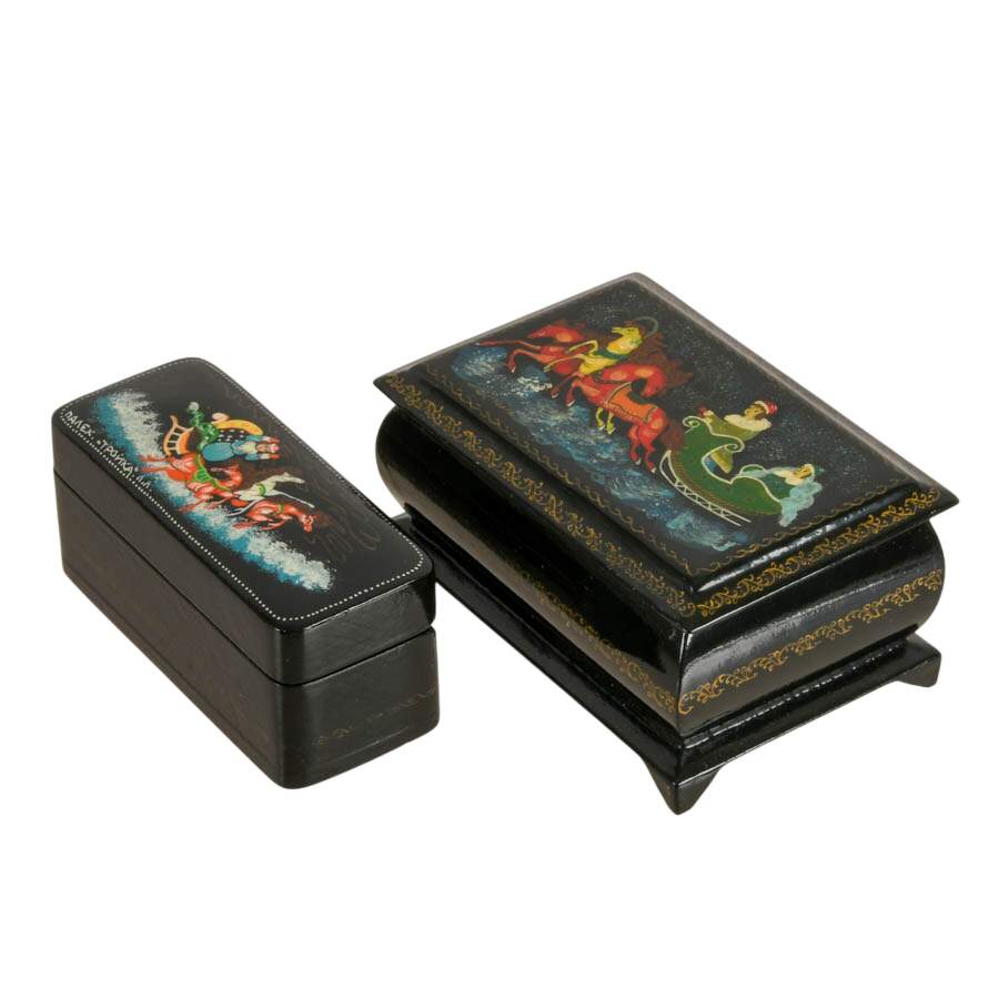 Pair of Russian Palekh School Troika Sled Lacquer Boxes-3