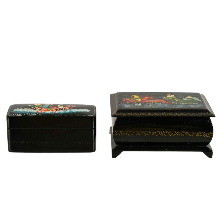 Pair of Russian Palekh School Troika Sled Lacquer Boxes-2