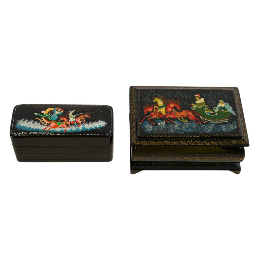 Pair of Russian Palekh School Troika Sled Lacquer Boxes-1