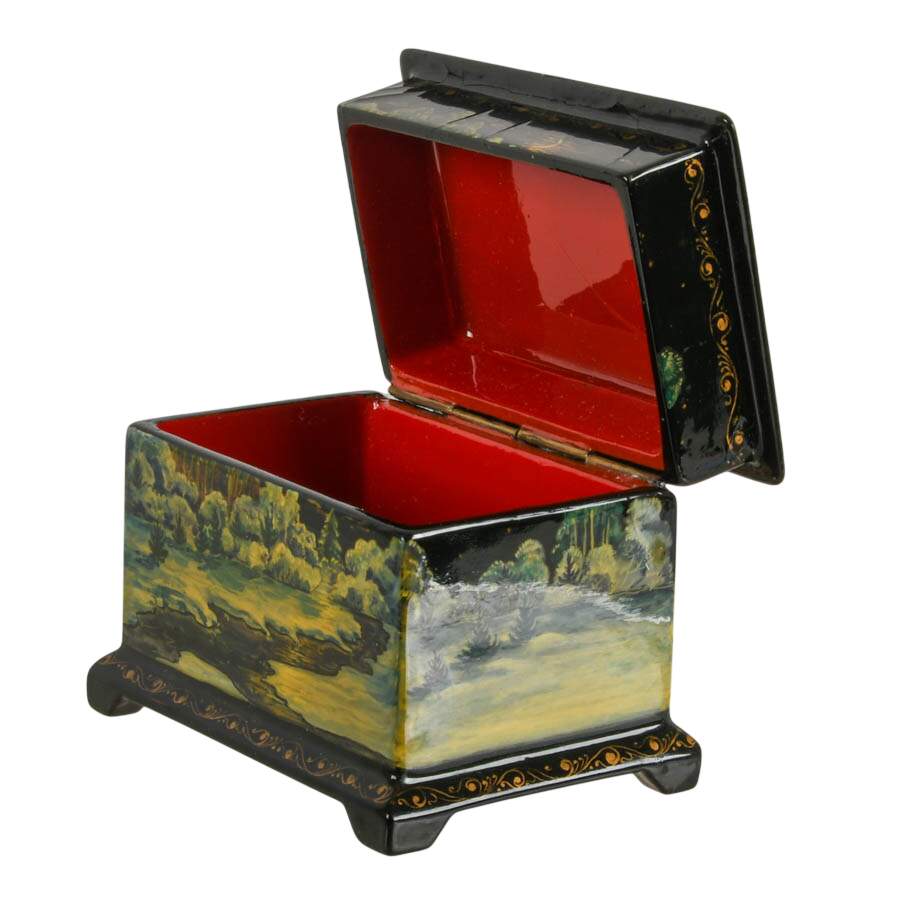 Signed Russian Fedoskino Troika Sled and Winter Scene Black Lacquer Box-9