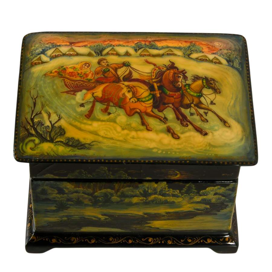 Signed Russian Fedoskino Troika Sled and Winter Scene Black Lacquer Box-6