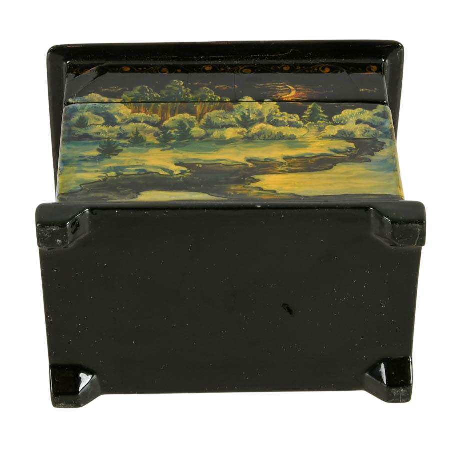 Signed Russian Fedoskino Troika Sled and Winter Scene Black Lacquer Box-5