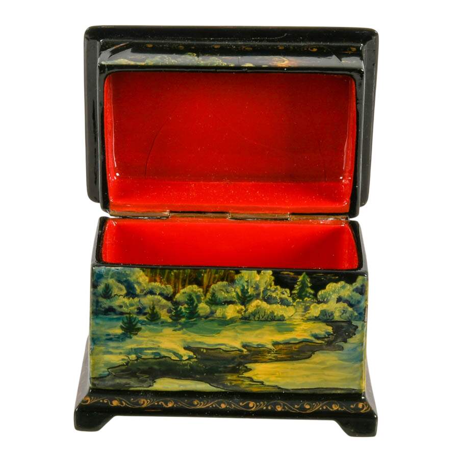 Signed Russian Fedoskino Troika Sled and Winter Scene Black Lacquer Box-4