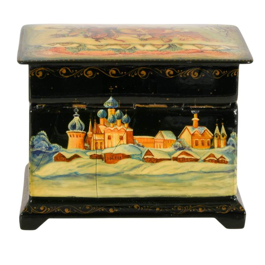 Signed Russian Fedoskino Troika Sled and Winter Scene Black Lacquer Box-3