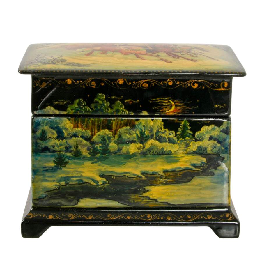 Signed Russian Fedoskino Troika Sled and Winter Scene Black Lacquer Box-1
