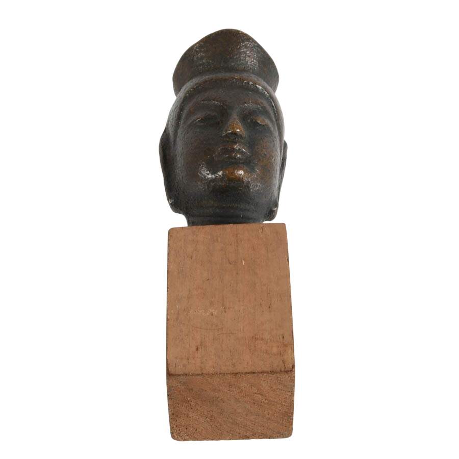 Miniature Bronze Head of Bodhisattva on Wood Base-7