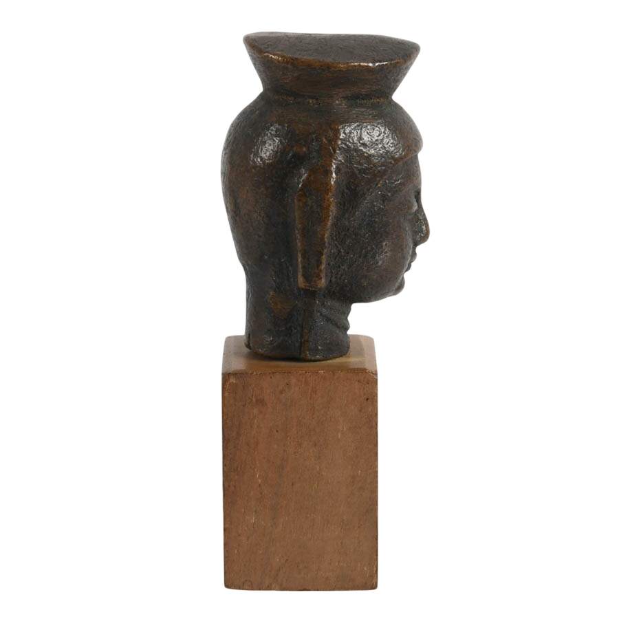 Miniature Bronze Head of Bodhisattva on Wood Base-6