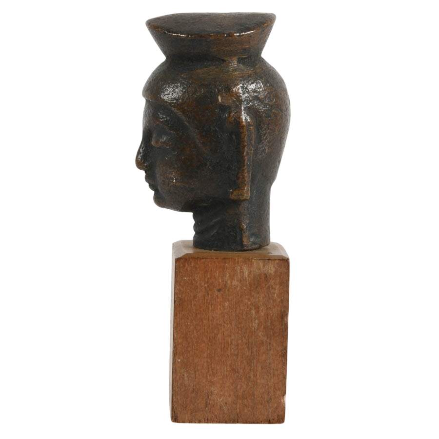 Miniature Bronze Head of Bodhisattva on Wood Base-4