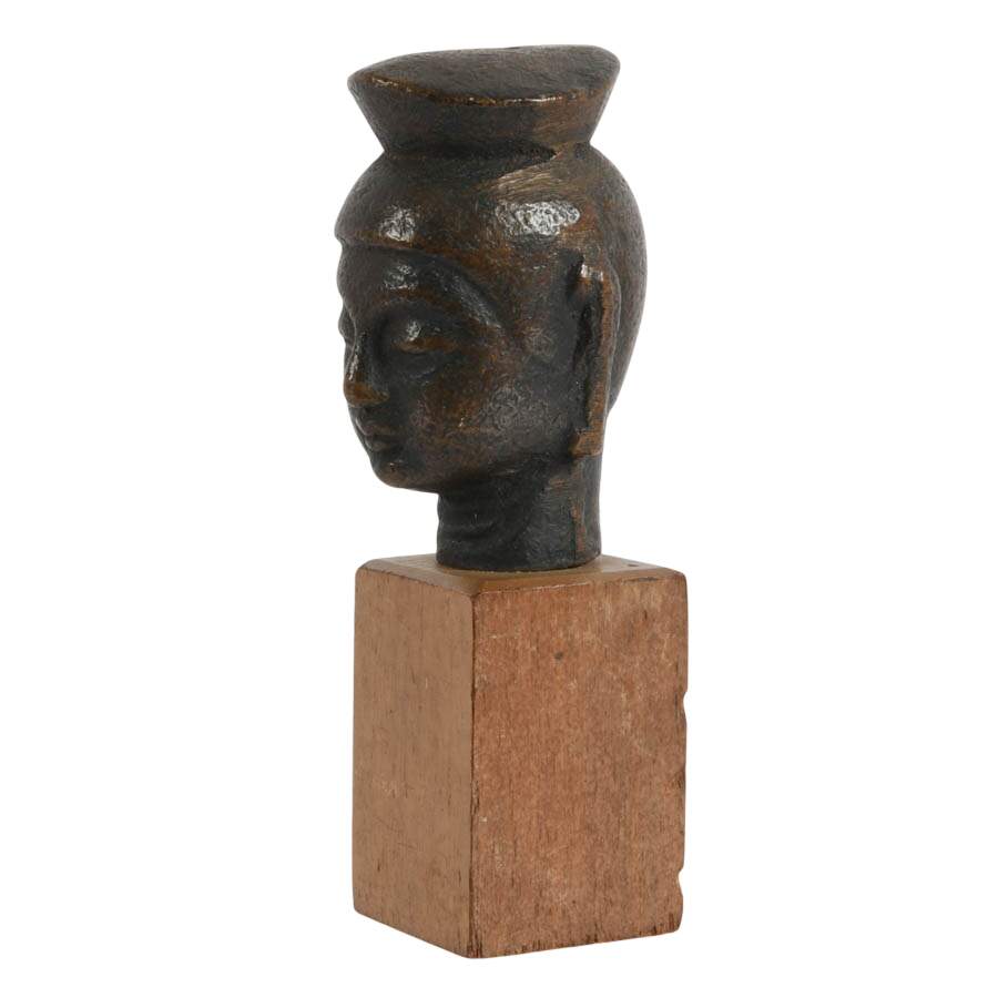 Miniature Bronze Head of Bodhisattva on Wood Base-3