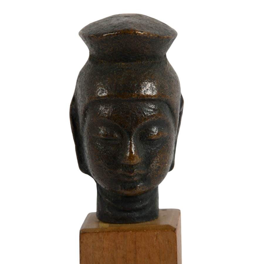 Miniature Bronze Head of Bodhisattva on Wood Base-2