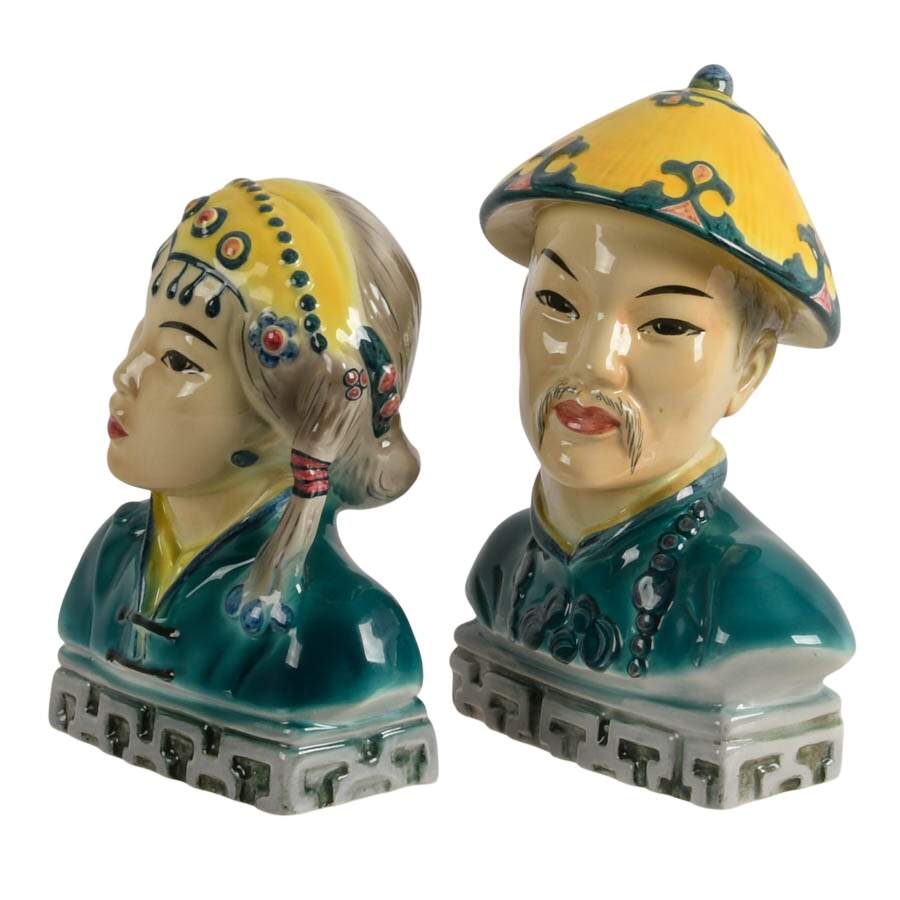 Pair of Mid-Century Goldscheider Hand-Painted Porcelain Japanese Busts-2