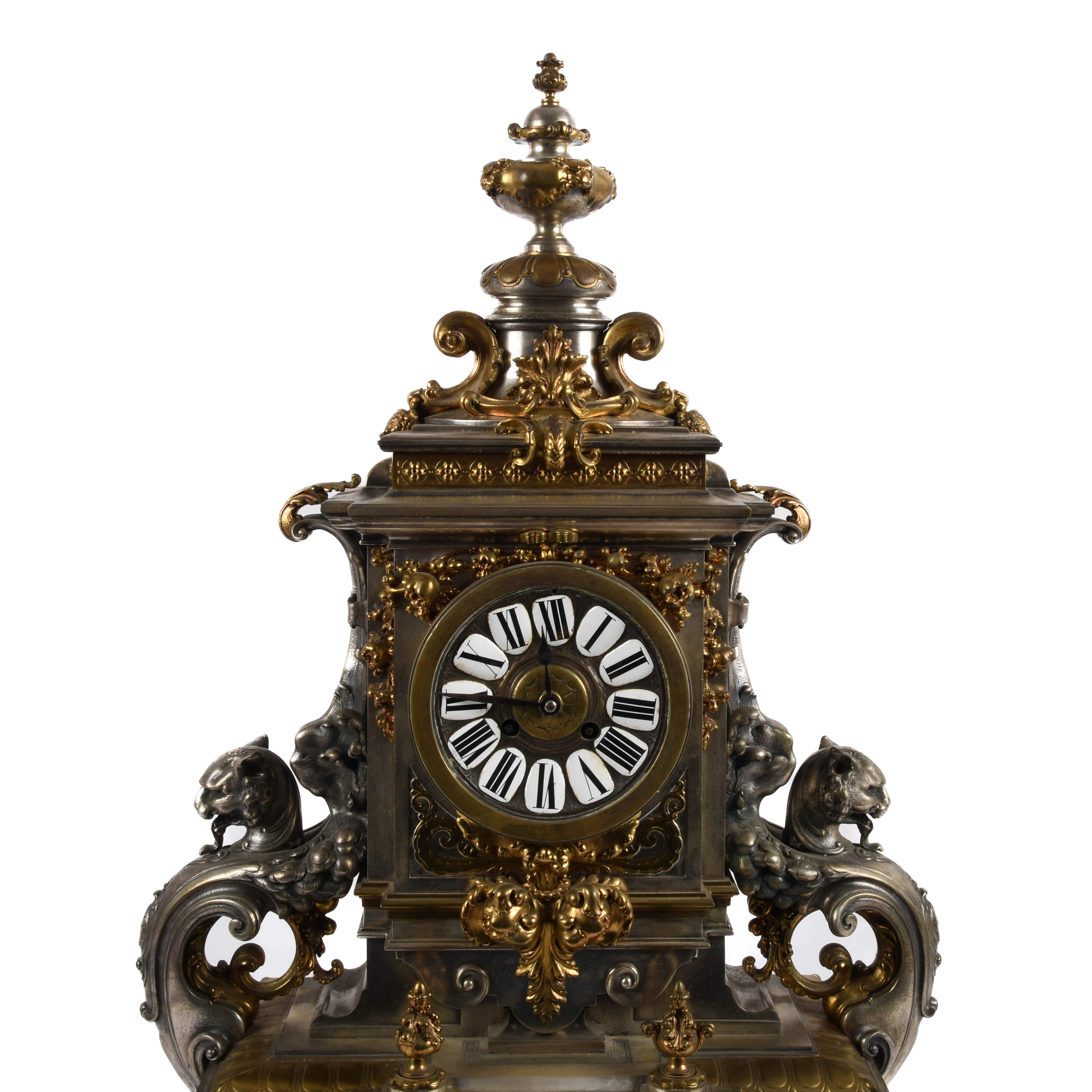 Antique French Empire Gilded Silver and Ormolu Candelabras and Clock Set-6