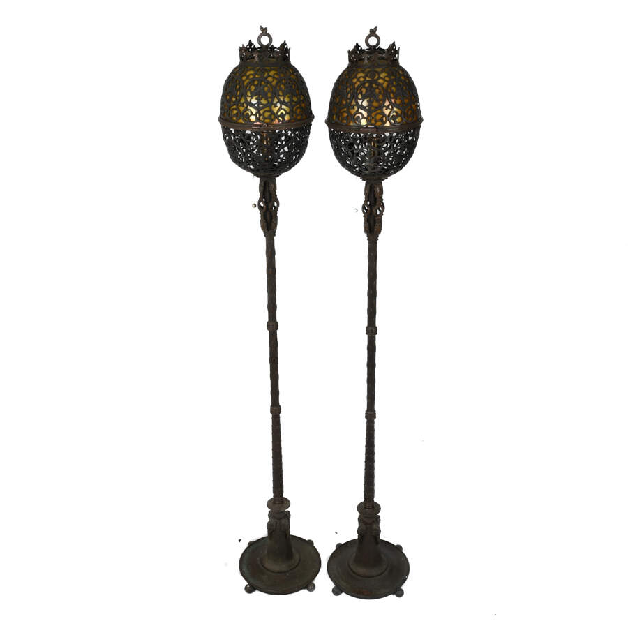 Antique Signed Oscar Bruno Bach Bronze and Aurene Glass Torchiere Lamps-6