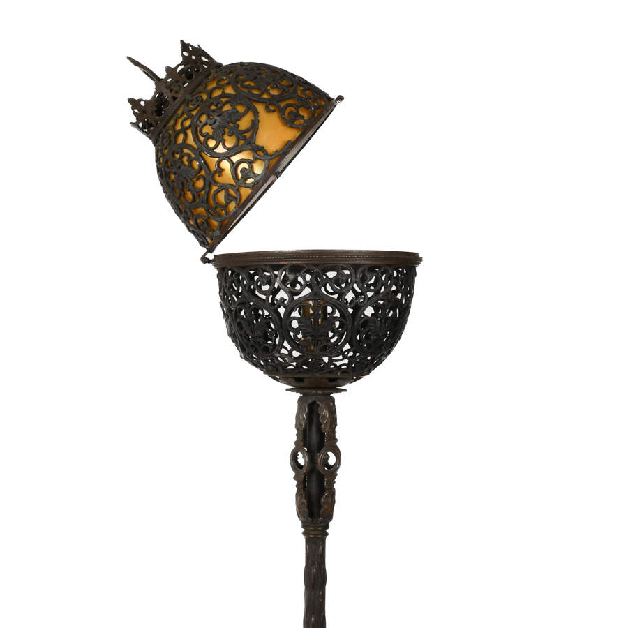 Antique Signed Oscar Bruno Bach Bronze and Aurene Glass Torchiere Lamps-5