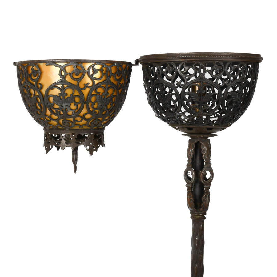Antique Signed Oscar Bruno Bach Bronze and Aurene Glass Torchiere Lamps-4