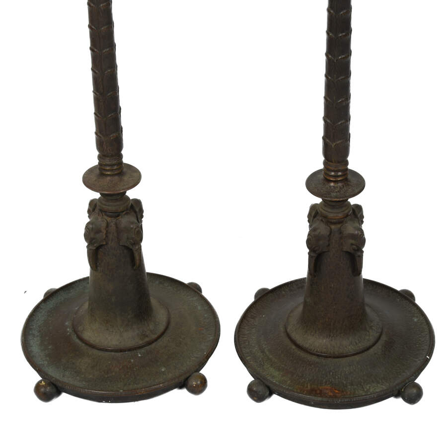 Antique Signed Oscar Bruno Bach Bronze and Aurene Glass Torchiere Lamps-3