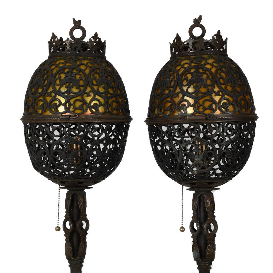 Antique Signed Oscar Bruno Bach Bronze and Aurene Glass Torchiere Lamps-2