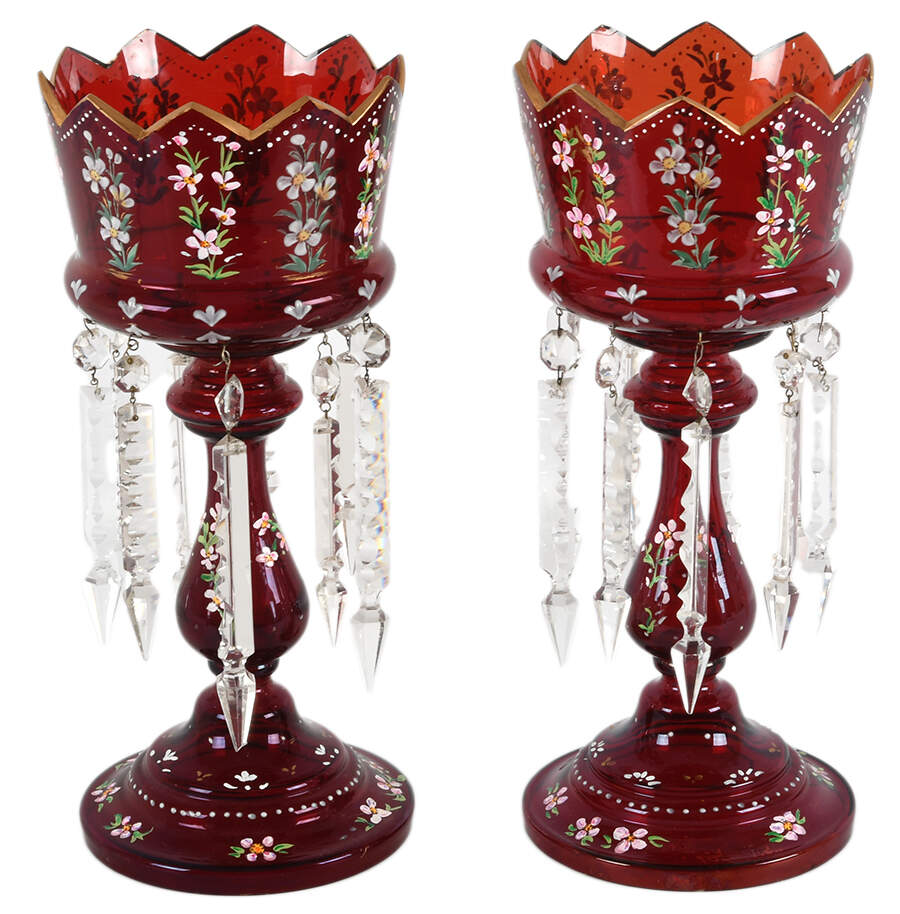 Pair of Hand-Painted Ruby Victorian Bohemian Lusters-1