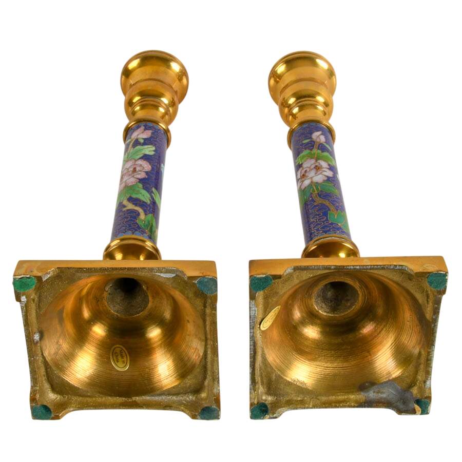 Pair of Chinese Brass and Enamel Cloisonné Candlesticks-6