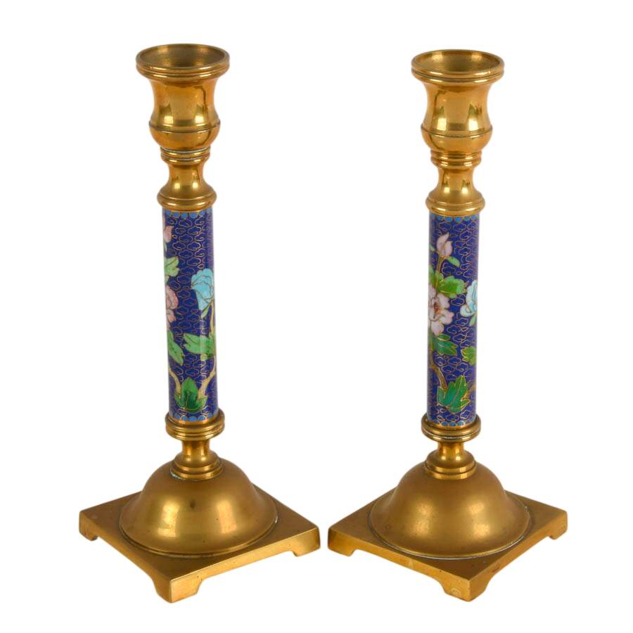 Pair of Chinese Brass and Enamel Cloisonné Candlesticks-3