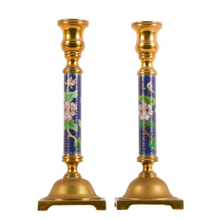 Pair of Chinese Brass and Enamel Cloisonné Candlesticks-2