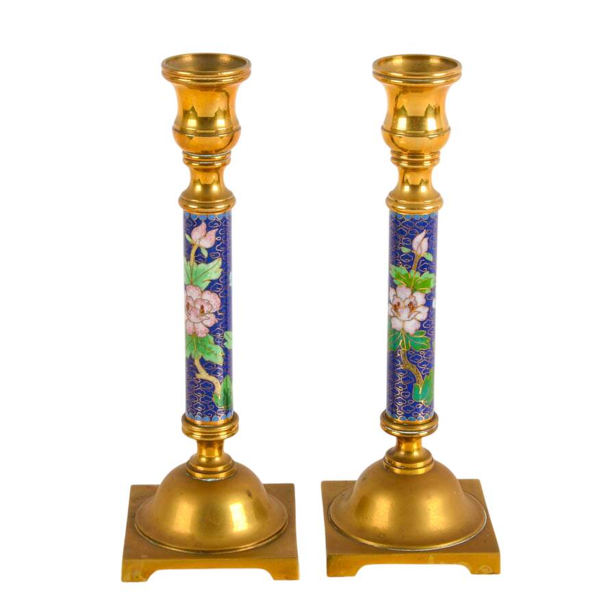 Pair of Chinese Brass and Enamel Cloisonné Candlesticks-1