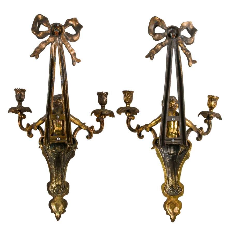 Antique Pair of French Louis XVI-Style Metal Cherub Wall Candleholder-2
