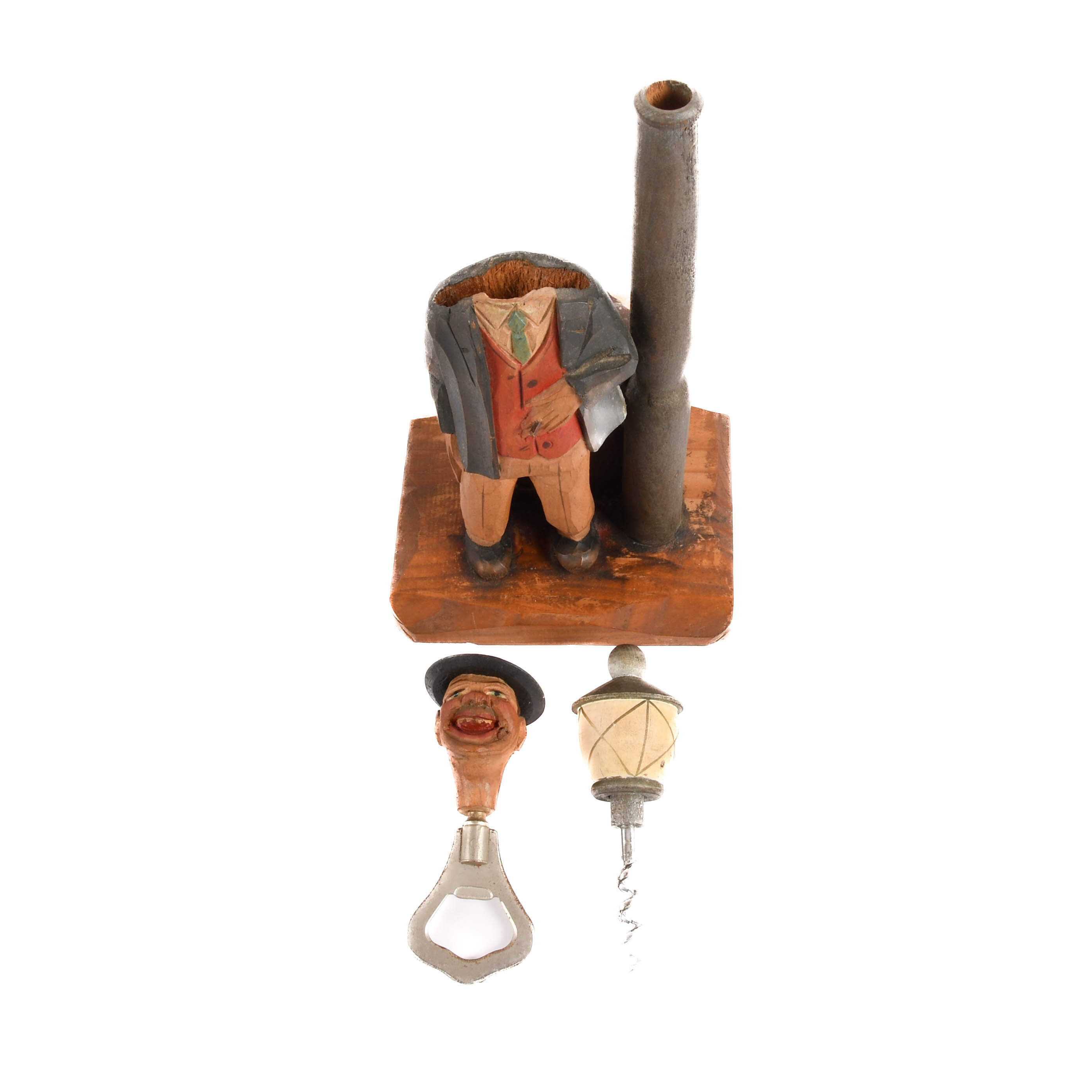 Hand-Carved ANRI Drunk Lamp Post Music Box and Bottle Opener-7
