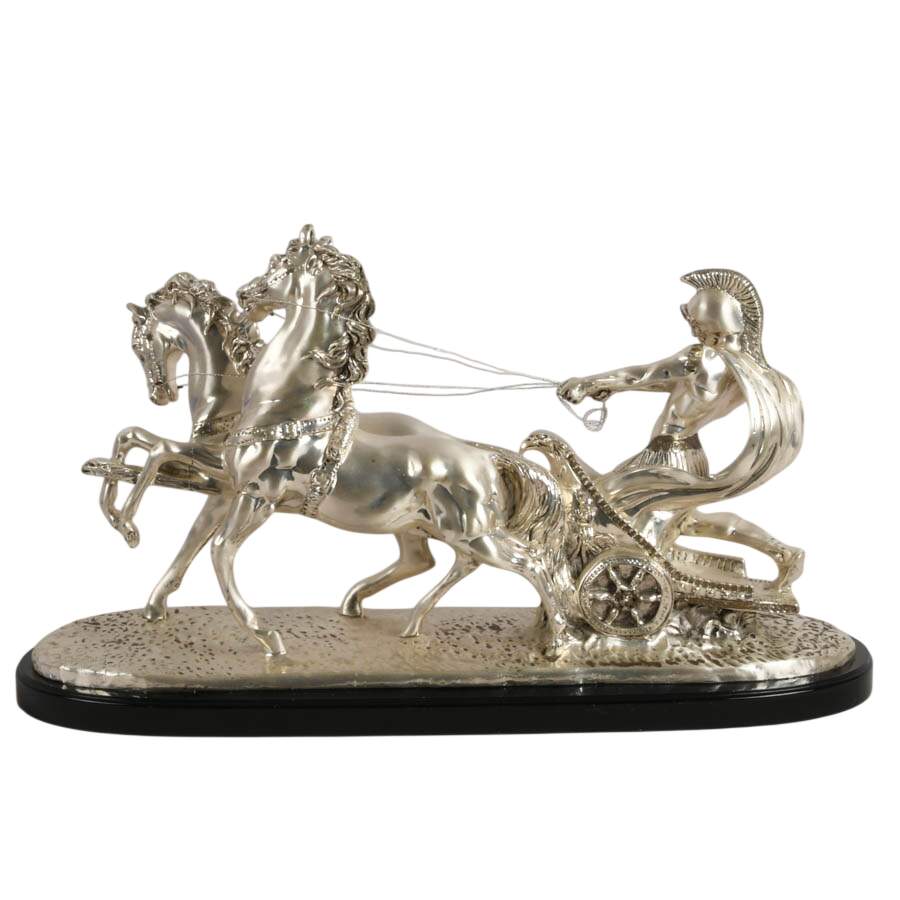 Signed A. Santini Silvered Roman Chariot Sculpture-2
