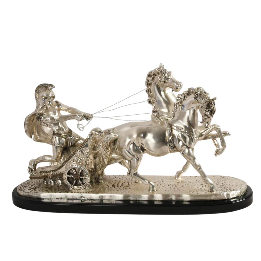Signed A. Santini Silvered Roman Chariot Sculpture-1
