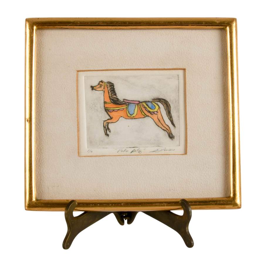 Framed Signed and Numbered "Potre Feliz" Happy Stallion Drawing with Stand-1
