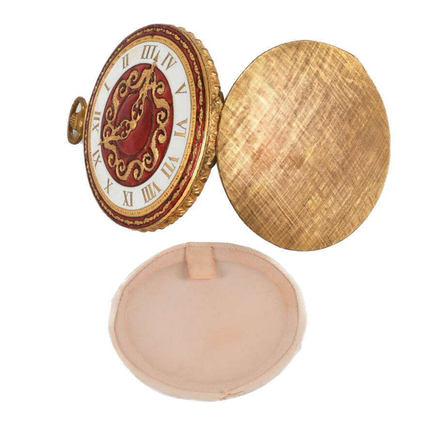 Italian Florentine Red and White Enamel Pocket Watch Compact-7