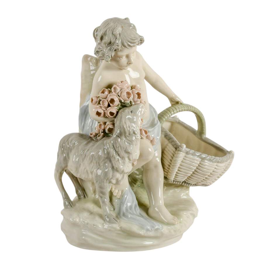 Antique Czechoslovakian Pastel Glazed Porcelain Boy and Sheep Biscuit Tray-5