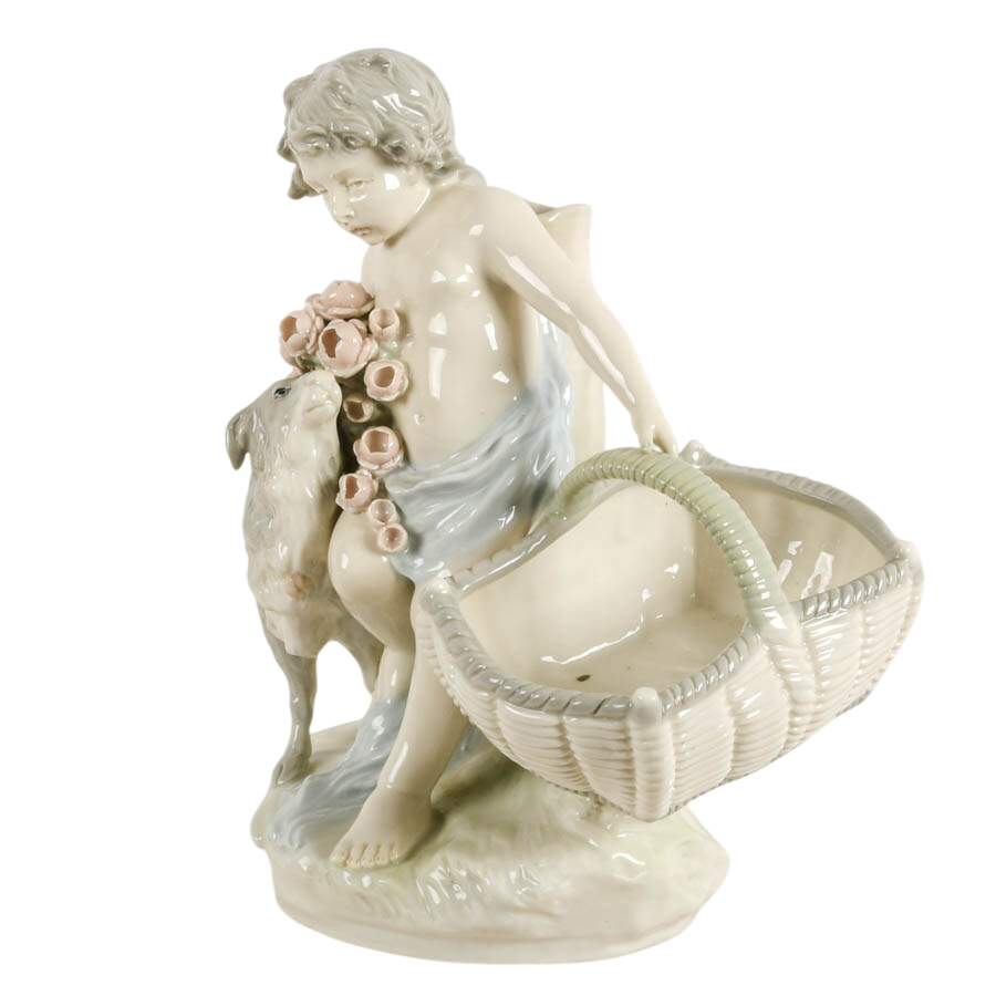 Antique Czechoslovakian Pastel Glazed Porcelain Boy and Sheep Biscuit Tray-2