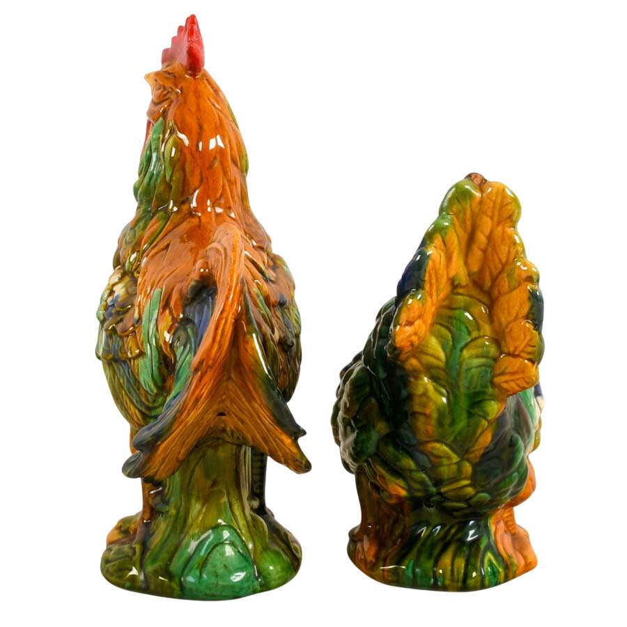Pair of Ceramic Majolica Rooster and Hen Figurines-3
