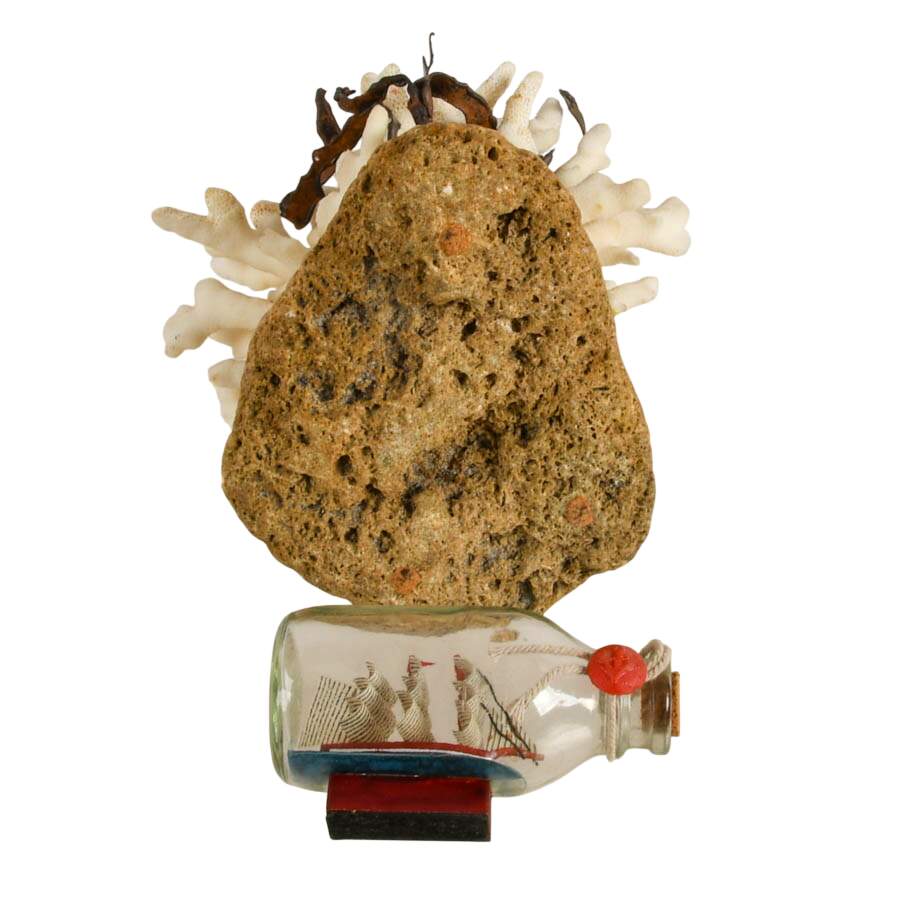 William Stetz Coral and Copper Sergeant Fish Sculpture with Ship in Bottle-9