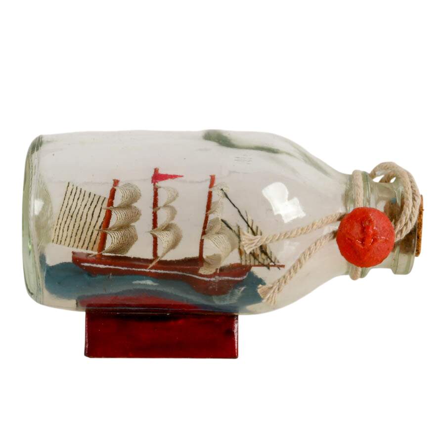 William Stetz Coral and Copper Sergeant Fish Sculpture with Ship in Bottle-8
