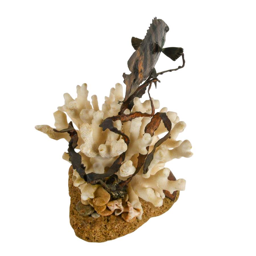William Stetz Coral and Copper Sergeant Fish Sculpture with Ship in Bottle-6