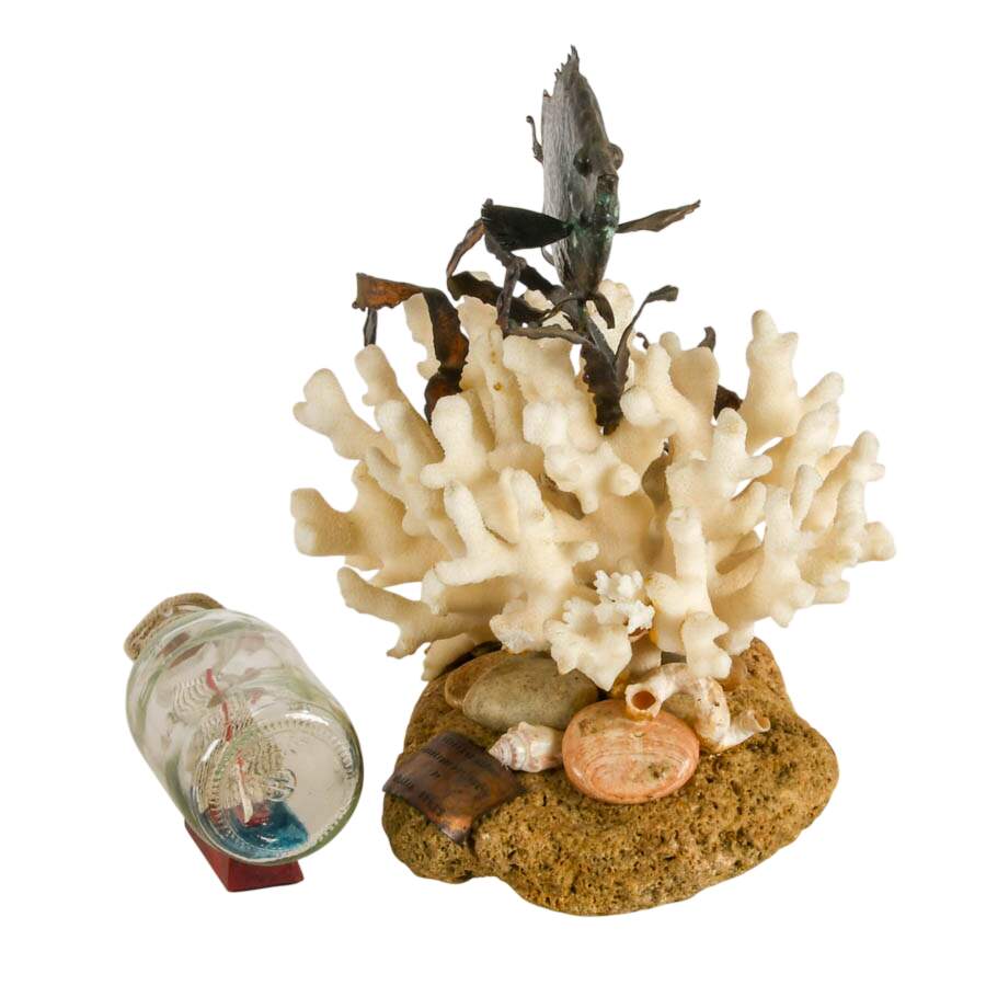 William Stetz Coral and Copper Sergeant Fish Sculpture with Ship in Bottle-5