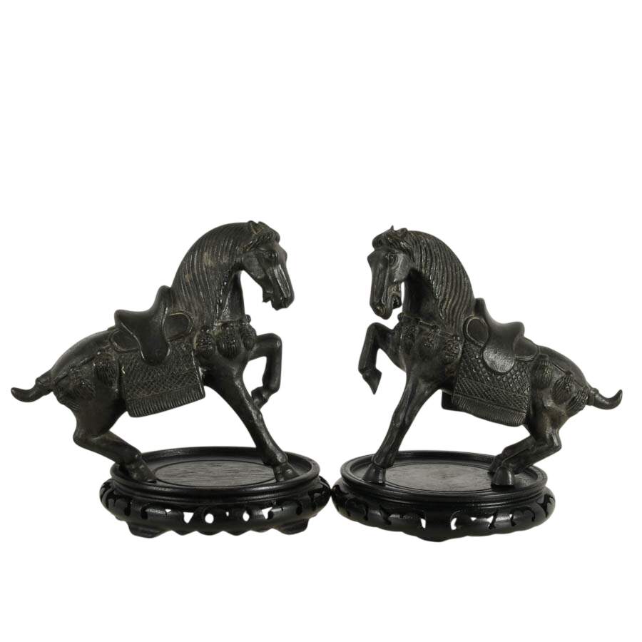 Pair of Bronze Tang Horses on Round Black Stands-5