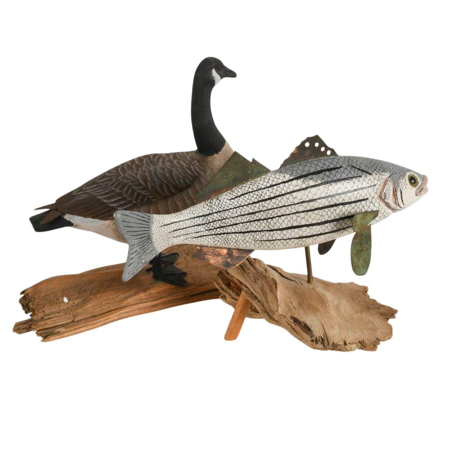 Pair of Signed Carved Wood Wildlife Sculptures on Driftwood Bases-3
