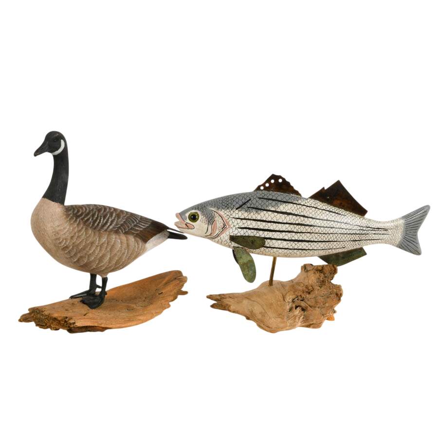 Pair of Signed Carved Wood Wildlife Sculptures on Driftwood Bases-1