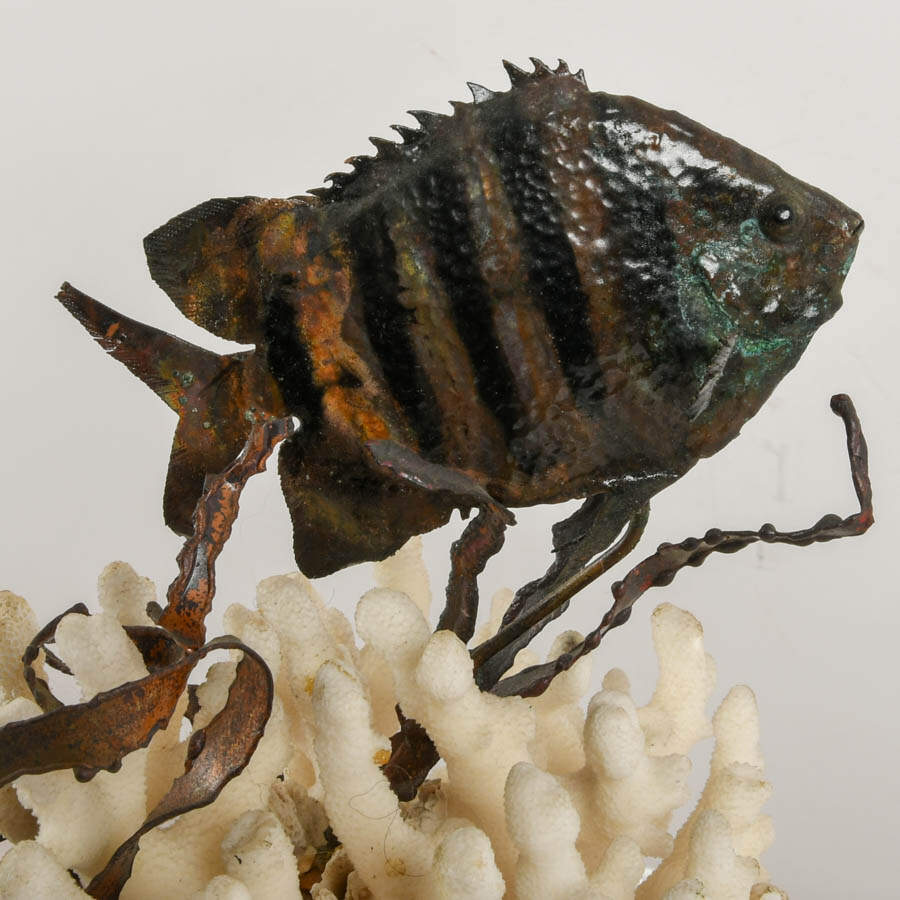 William Stetz Coral and Copper Sergeant Fish Sculpture with Ship in Bottle-2