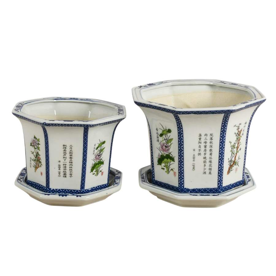 Pair of Chinese Sometsuke Hexagonal Bonsai Tree Pots-3