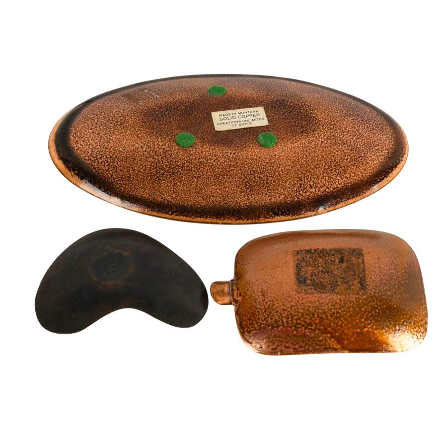 Three-Piece Mid-Century Modern Swirled Enamel on Copper Dishes and Ashtray-10